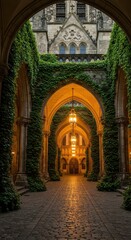 Obraz premium Arched walkway in historic building with ivy and warm lighting.