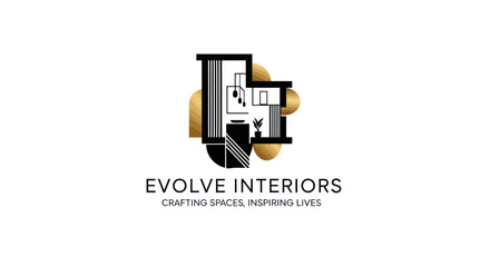 Evolve Interiors logo featuring a stylized architectural floor plan.