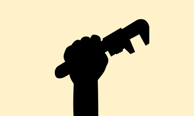 Silhouette of hand holding pipe wrench. Icon of grab a heavy tools. Vector illustration.