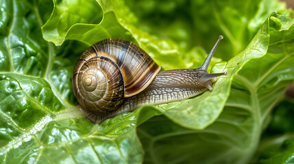 Snail on Green Leaf