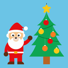Cute cartoon santa claus waving next to a decorated christmas tree isolated on white background
