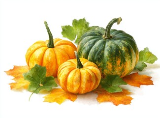Watercolor Painting of Three Pumpkins and Autumn Leaves