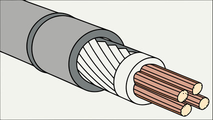 Illustration of a gray electrical cable with exposed copper conductors and white insulation sheath