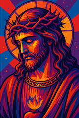 Jesus Christ with Crown of Thorns and Sacred Heart Pop Art Illustration