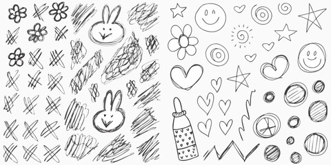 Collection of hand drawn doodle elements including flowers hearts smiley faces stars and scribbles