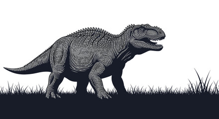 Fototapeta premium A prehistoric dinosaur walks across a grassy field under a clear sky.