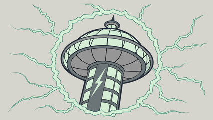 Illustration of a tower with a dome top and a lightning bolt encircled by green lightning effect