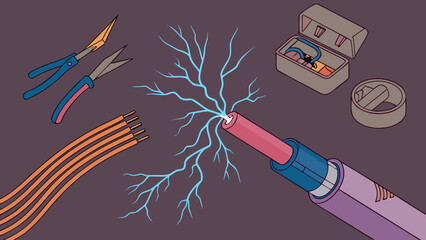 A workbench scene featuring electrical tools, wires, and a plasma lighter with electric arcs shown