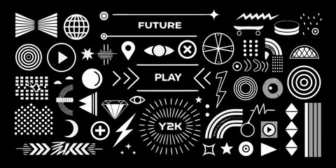 Collection of white y2k and future inspired graphic elements and icons on a black background
