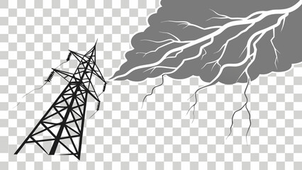 Power lines tower struck by lightning from a stormy cloud in a grayscale illustration style image