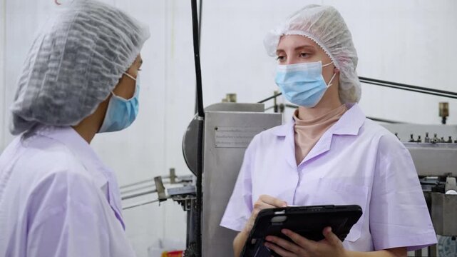 Inspector team working quality control in food processing factory, two worker woman in uniform and mask using tablet for monitoring hygiene and production for examining quality and supply chain.