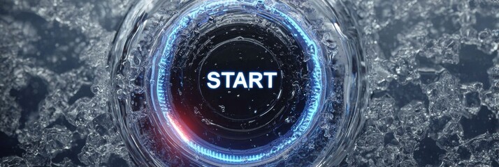 Visual Display of a Start Button Illuminated in Blue and Encircled by Dynamic Water Patterns Showcasing Action and Excitement