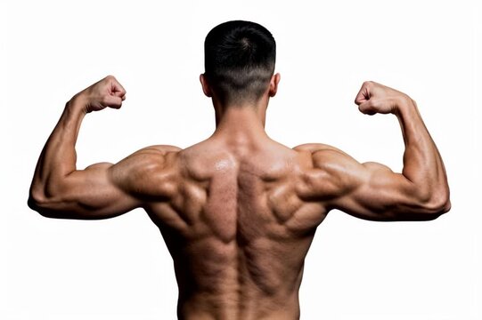 Muscular man flexing back muscles in studio fitness photo, showcasing strength and bodybuilding concept from rear view against plain background