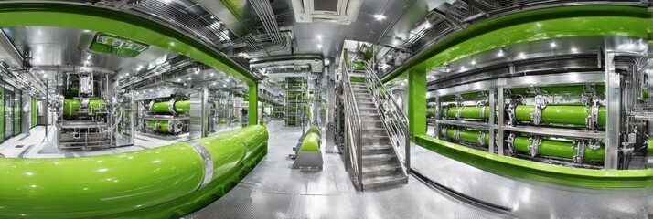 High-tech Industrial Facility Showcasing Modern Green Piping and Advanced Machinery in a Spacious Layout With Metallic Finishes