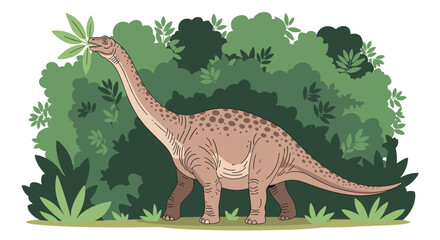 A gentle giant dinosaur with a long neck peacefully grazes on leaves in a lush green jungle setting.