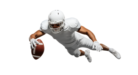 Dynamic American football player diving forward holding ball isolated on transparent background, concept of touchdown, motion, and victory in sport