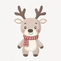 Fototapeta premium Cute cartoon reindeer wearing a scarf with antlers and smiling 