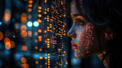A woman gazes pensively at a data-infused window. Reflections and bokeh create a dreamy ambiance