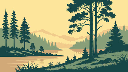 A serene landscape featuring a calm lake surrounded by lush forests and distant mountain ranges at dusk
