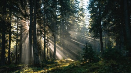 Naklejka premium Majestic forest bathed in sunlight, with beams piercing through the towering trees creating a magical scene