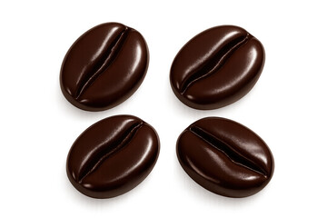Fototapeta premium Four roasted coffee beans, dark brown and glossy, isolated with transparent background, top view
