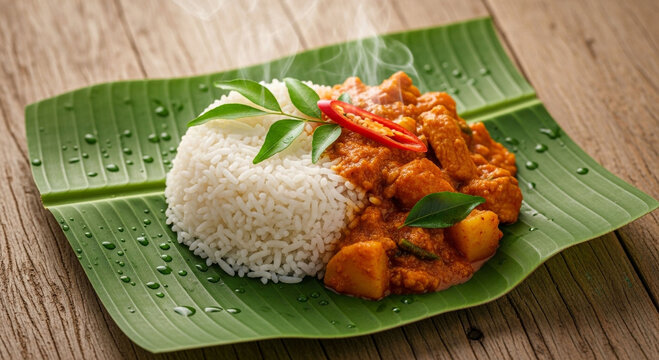 Aromatic chicken and potato curry with steamed white rice served on a fresh green banana leaf on a wooden table.