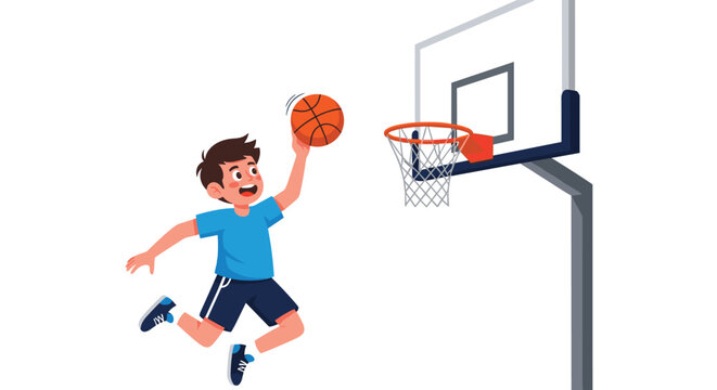 A young boy is jumping high to slam dunk a basketball into the hoop during a game.