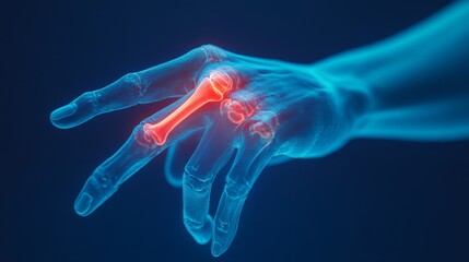 medical macro shot of hand with index finger bent unnaturally, glowing red highlight around knuckle joint, clinical blue background, emphasis on pain and tendon inflammation
