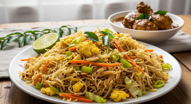 A delicious plate of stir-fried rice vermicelli noodles with vegetables, lime, and a side of meatball curry.