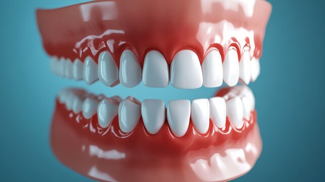 realistic 3D visualization of oral health problem, receding gums on upper front teeth, clean blue surface for contrast, detailed dental texture