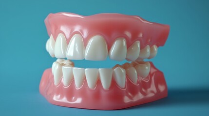 Obraz premium side angle of detailed tooth model, shrinkage of gum line shown clearly, white teeth and red-pink gum with anatomical accuracy, blue studio backdrop