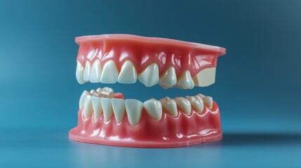 Obraz premium side angle of detailed tooth model, shrinkage of gum line shown clearly, white teeth and red-pink gum with anatomical accuracy, blue studio backdrop