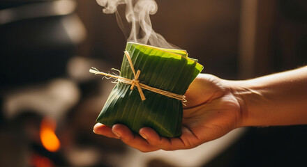 Close-up of a hand holding a steaming, freshly cooked tamale wrapped in green banana leaves.