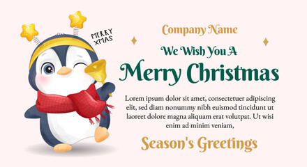 Merry christmas greeting card with cute penguin kawaii cartoon illustration