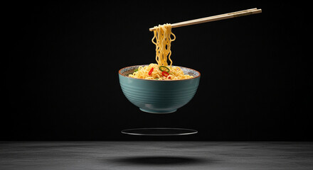 Chopsticks lifting noodles from a levitating blue ceramic bowl against a stark black background.