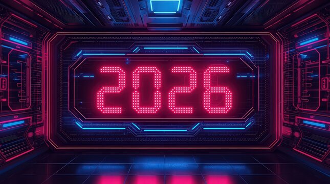 Futuristic neon tunnel with 2026 glowing in pink and blue, a vision of the future with abstract technology and vibrant colors, creating a digital experience - Powered by Adobe