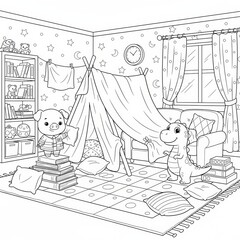 Cozy Indoor Tent Adventure with Adorable Animal Friends Reading Books