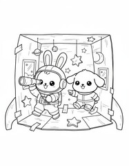 Adorable Astronaut Bunny and Puppy Exploring the Cosmic Wonder of Space Together