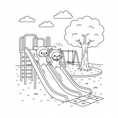 Cute cartoon bears sliding down a playground slide on a sunny day
