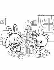 Cute Bunny and Bear Building a Tower with Blocks and Gifts for a Holiday Celebration