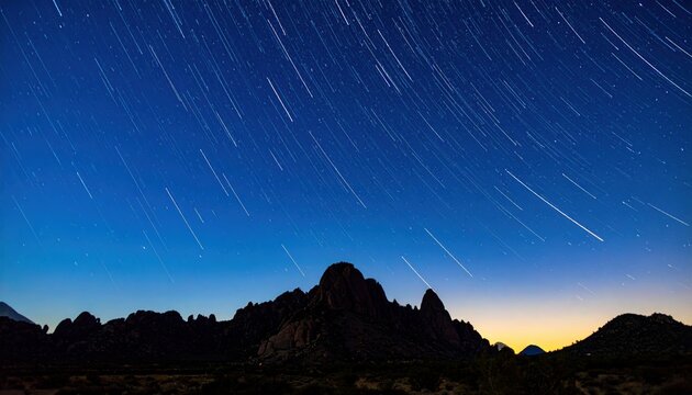 Star Trails Over Rocky Mountains at Twilight in Desert Landscape