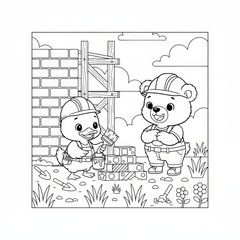 Cute Animals Building Together A Brick Wall On A Construction Site