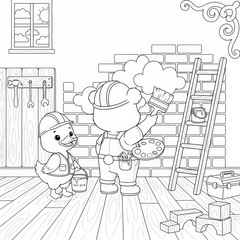 Cute Characters Paint a Brick Wall Together on a Wooden Floor