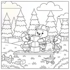 Three Cute Bears Building a Fort in a Forest