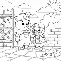 Construction Site Friends Coloring Page A Bear And A Duckling Wearing Hard Hats