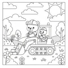 Cute Teddy Bear and Chick Driving a Digger in a Sunny Garden Scene