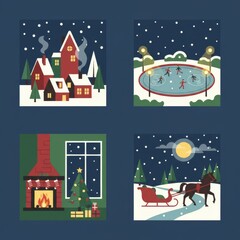 Four Cozy Winter Scenes With Snowfall And Festive Holiday Decorations