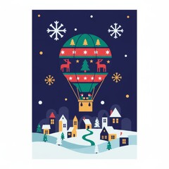 Christmas Hot Air Balloon Over Snowy Village Festive Night Sky Illustration