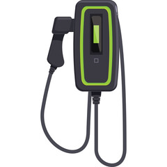 Electric Vehicle Charging Station Wall Mounted Unit With Green And Black Casing And Digital Display Showing Charge Level