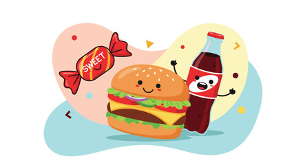 A happy burger and cola celebrate with a sweet treat and confetti.